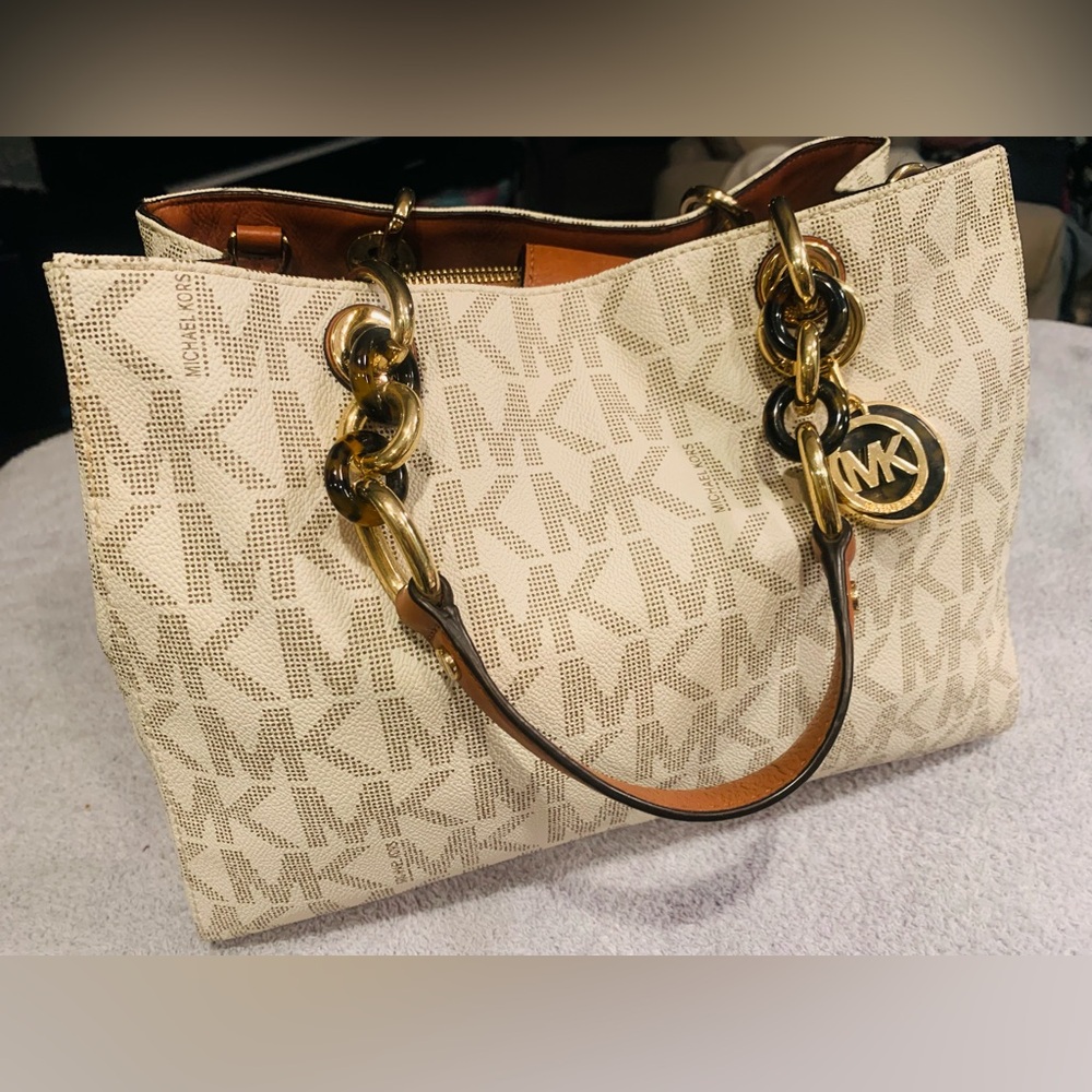 Gorgeous Cream and Gold Michael Kors Bag with Gold Chain and Brown Leather Strap